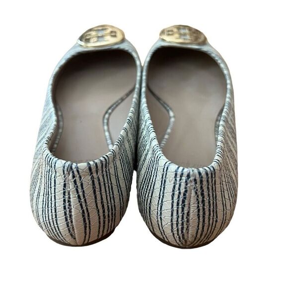 Tory Burch Reva Stripe Ballet Flat Beige Blue Snakeskin Size 8 - Picture 7 of 9
